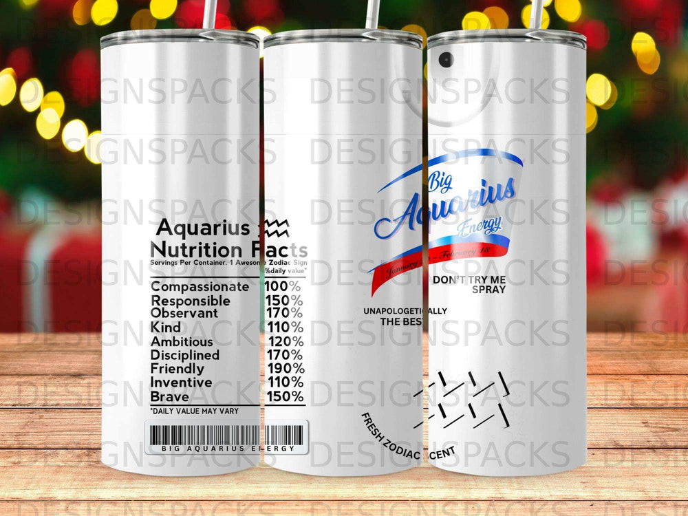 Aquarius energy drink tumbler with nutrition facts label and zodiac traits.
