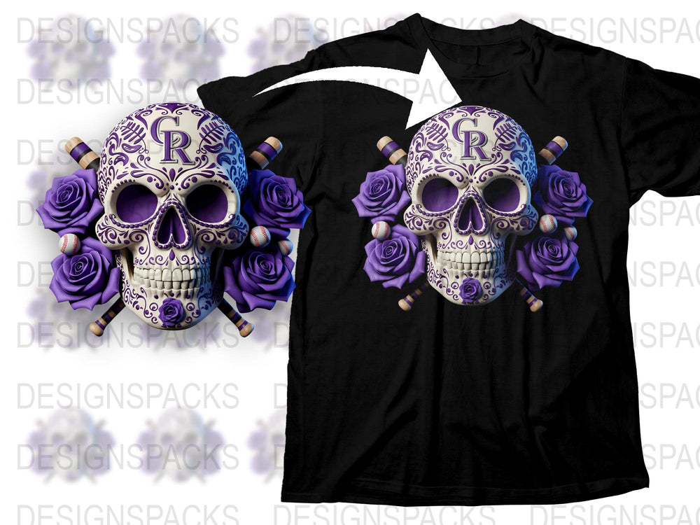 Gothic Skull and Roses T-Shirt, Purple Floral Print, Unisex Black Tee, Halloween Fashion