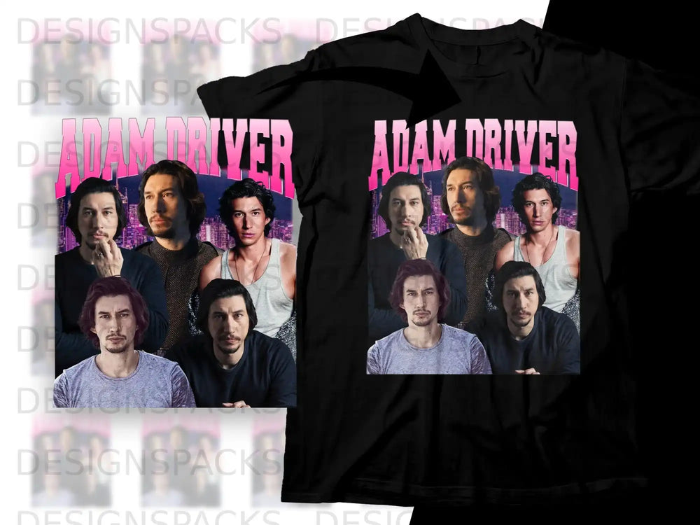 Adam Driver collage on a black t-shirt with text "ADAM DRIVER".