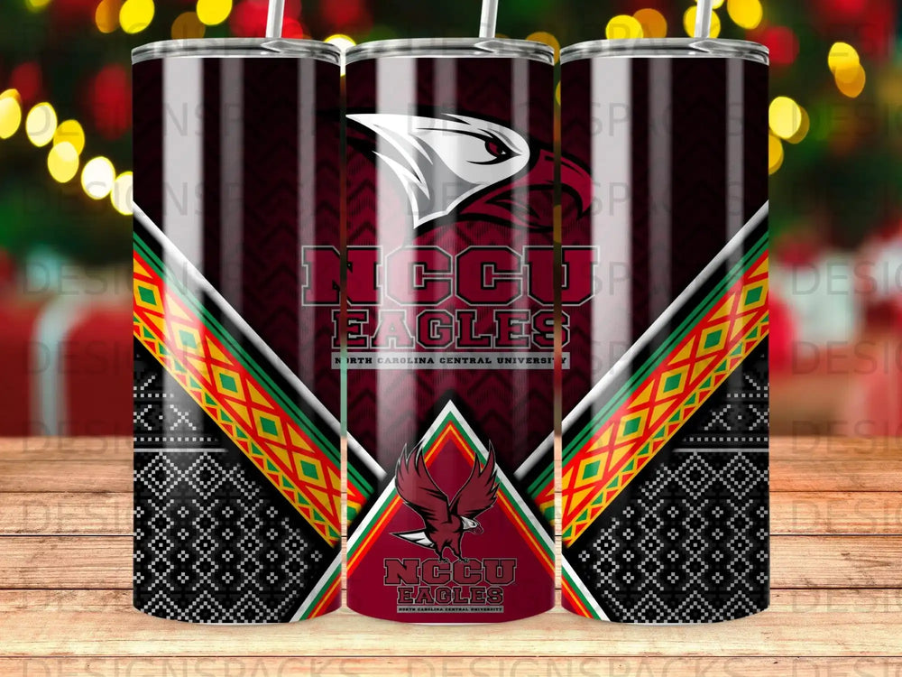 NCCU Eagles logo on a maroon tumbler with geometric patterns.