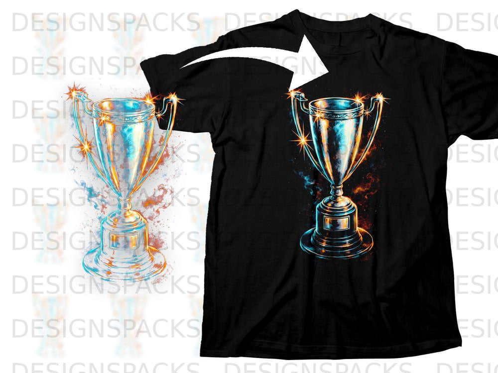 Black t-shirt featuring a vibrant trophy design with orange and blue accents.