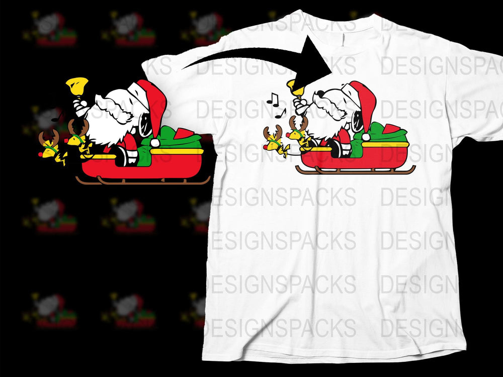 Festive Santa Claus Musical T-Shirt, Christmas Carols Graphic Tee, Holiday Apparel, White Santa Shirt with Reindeer