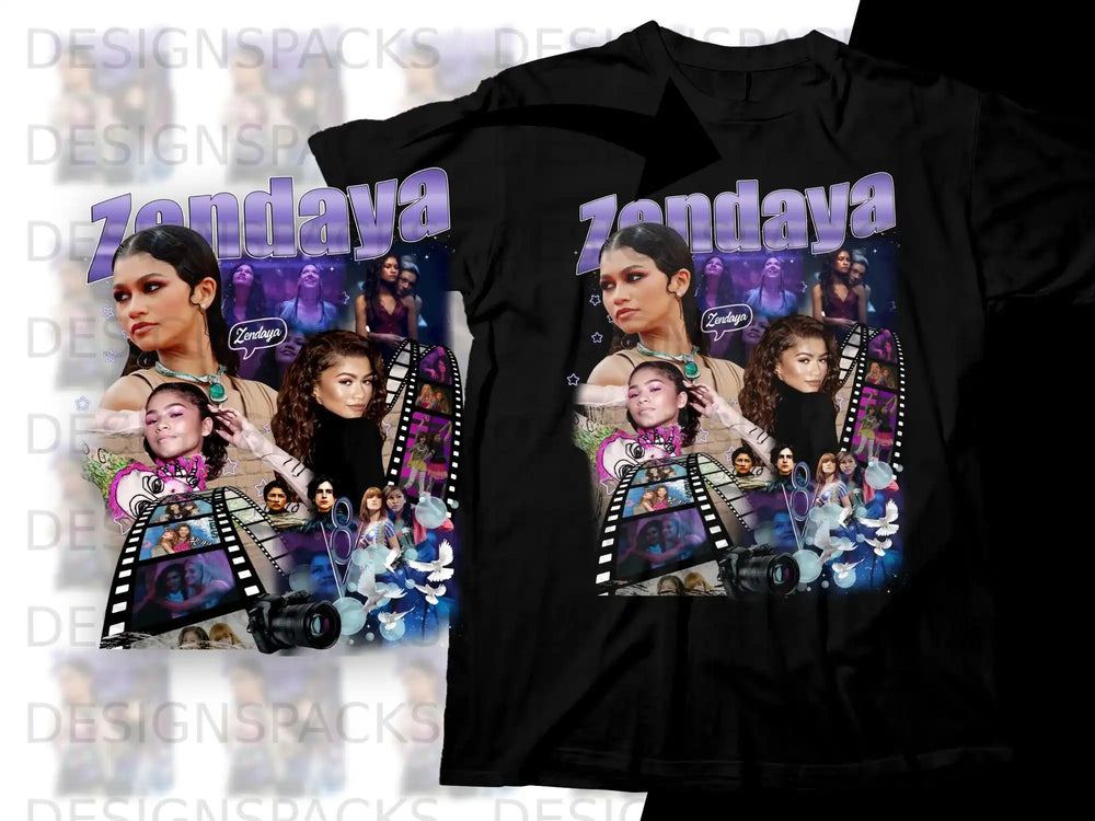 Black t-shirt featuring a collage of Zendaya images and film strips.