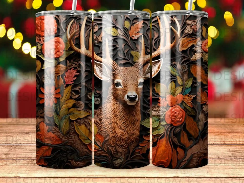 Deer head with floral and autumn leaf pattern on tumbler.