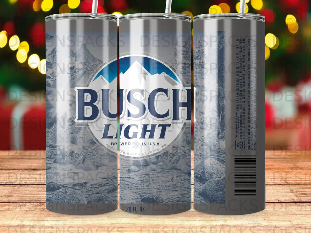 Busch Light tumbler with mountain and beer can design.