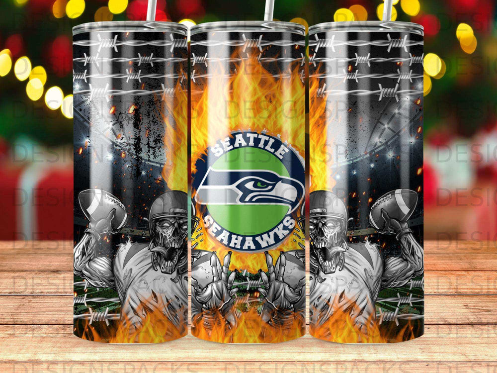 Seattle Seahawks skeleton mascots in front of flames and barbed wire.