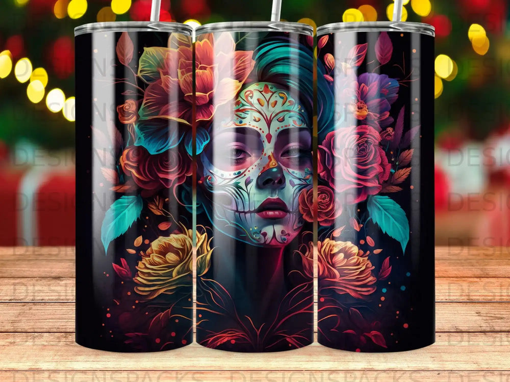 Sugar skull with colorful flowers and floral accents on a dark background.