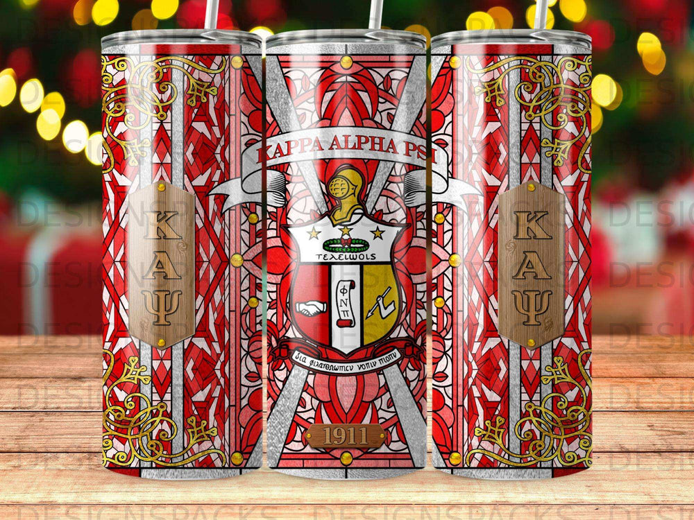 Kappa Alpha Psi crest with "1911" on a red and gold patterned tumbler.