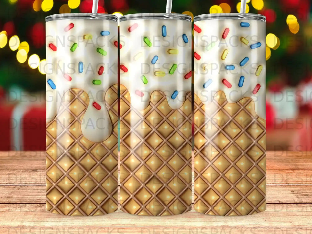 Waffle cone pattern with dripping white icing and sprinkles on a tumbler.