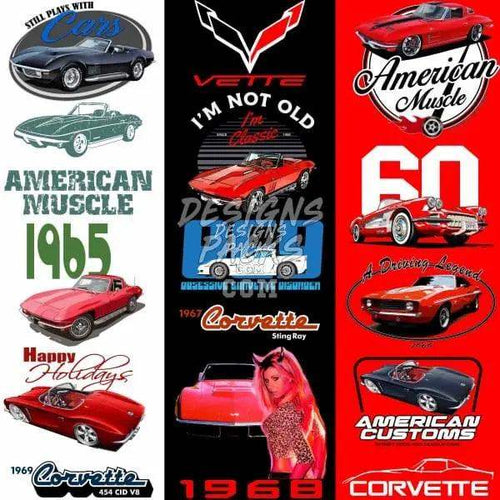 American muscle car designs for DTF DTG embroidery, vintage Corvette graphics, print-ready PNG SVG