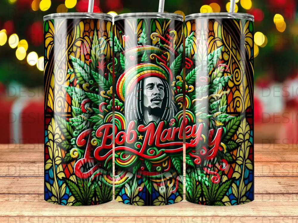 Bob Marley portrait on a stained-glass and cannabis leaf tumbler.