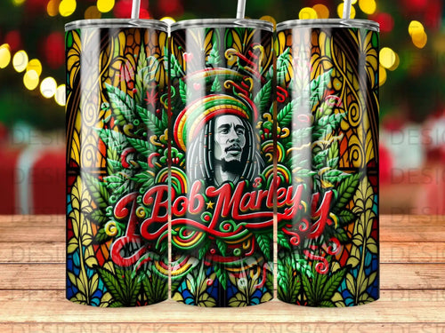 Bob Marley portrait on a stained-glass and cannabis leaf tumbler.