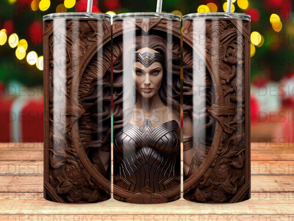 Wonder Woman portrait within a carved wooden frame on a tumbler.