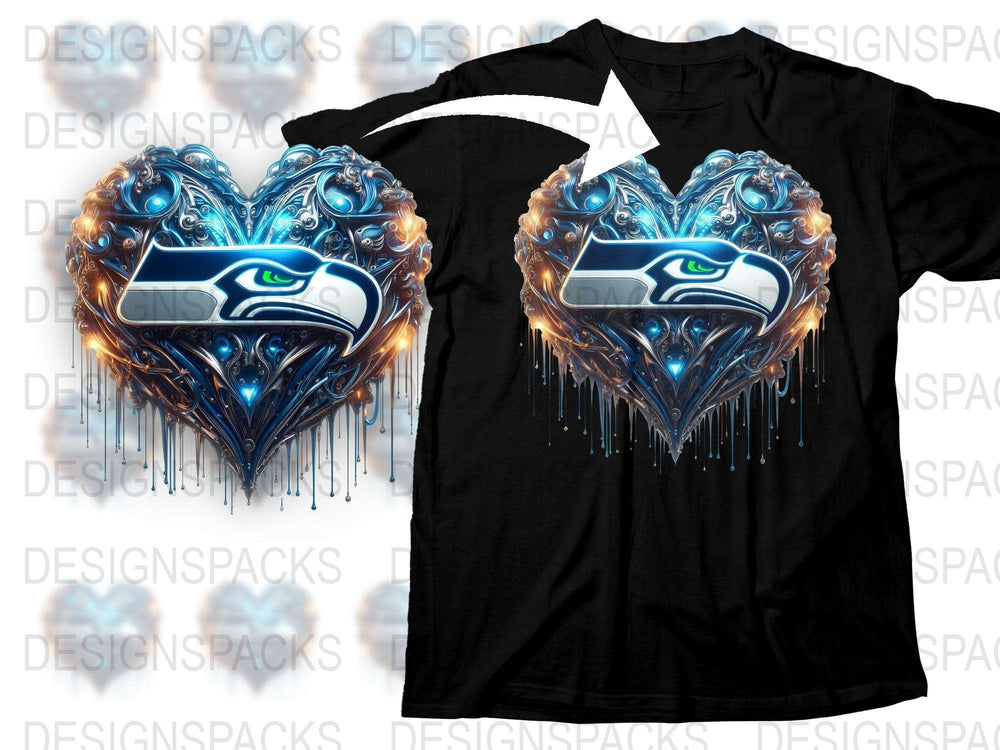 Seattle Football Heart Wings Graphic T-Shirt, Blue Silver Sports Fan Apparel, Unique Gift Idea