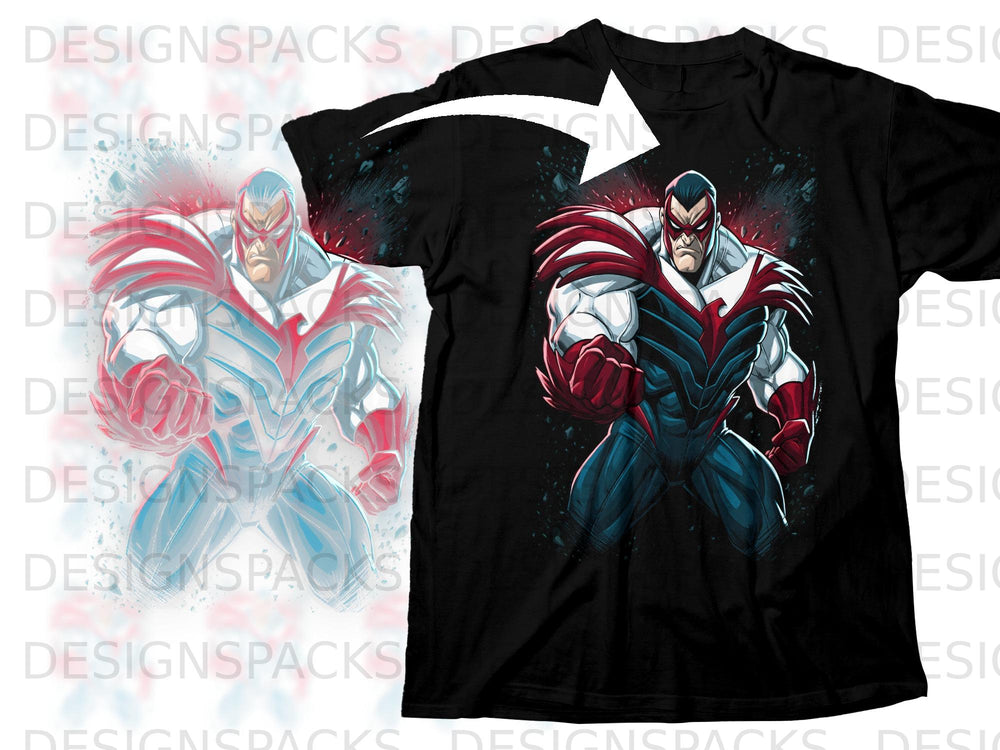 Black t-shirt with red, white, and blue superhero graphic.
