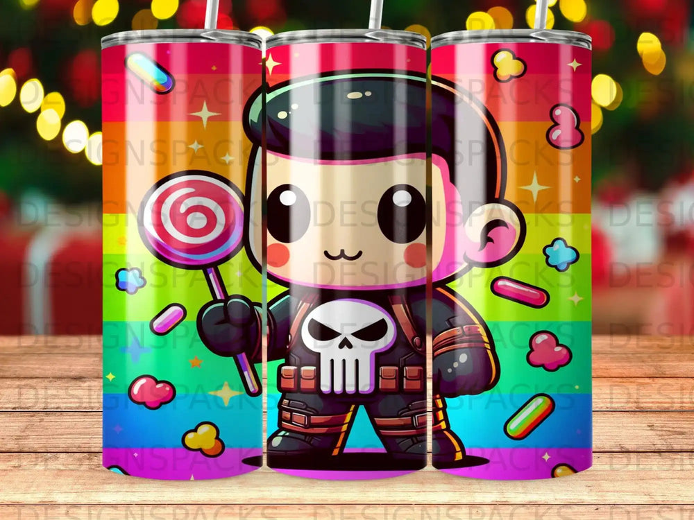 Cartoon character with skull emblem holding a lollipop on a rainbow background.