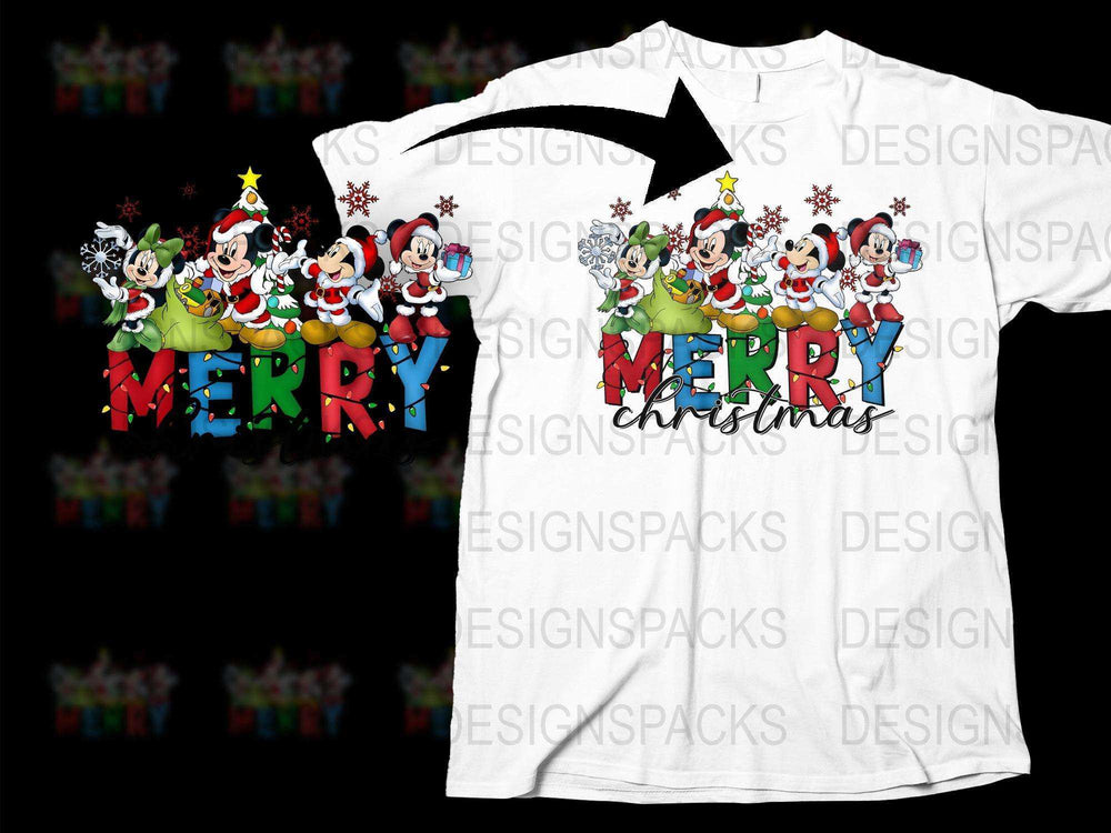 Merry Christmas Disney Character T-Shirt, Festive Holiday Tee, Cartoon Graphic Shirt for Family Celebrations
