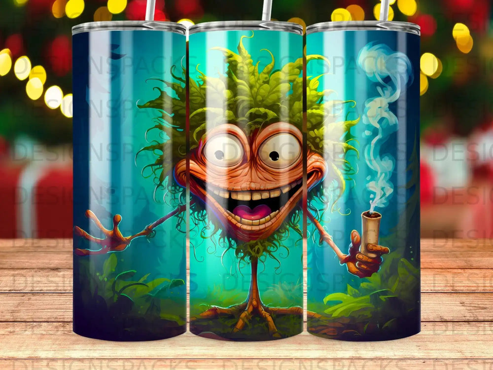 Cartoon monster with green hair smoking a pipe, on a tumbler.