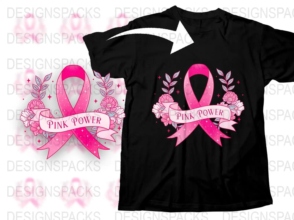 Pink Power Breast Cancer Awareness T-Shirt, Floral Ribbon Design, Women's Support Tee
