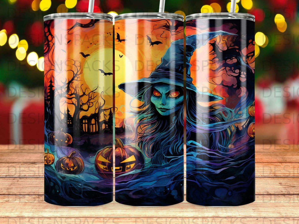 Witch with glowing eyes and pumpkins against a spooky Halloween scene.