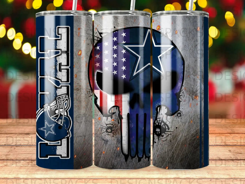 Dallas Cowboys skull flag tumbler with American flag pattern.