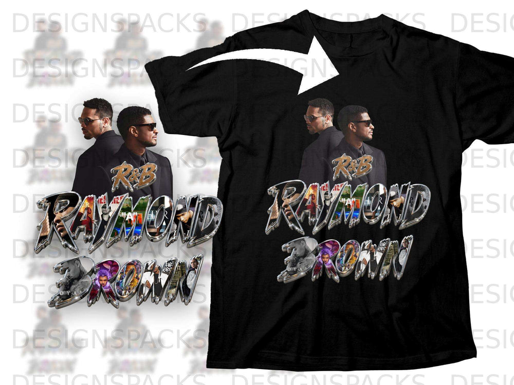 Black t-shirt with "Raymond" and "Brown" graphics featuring men's faces.