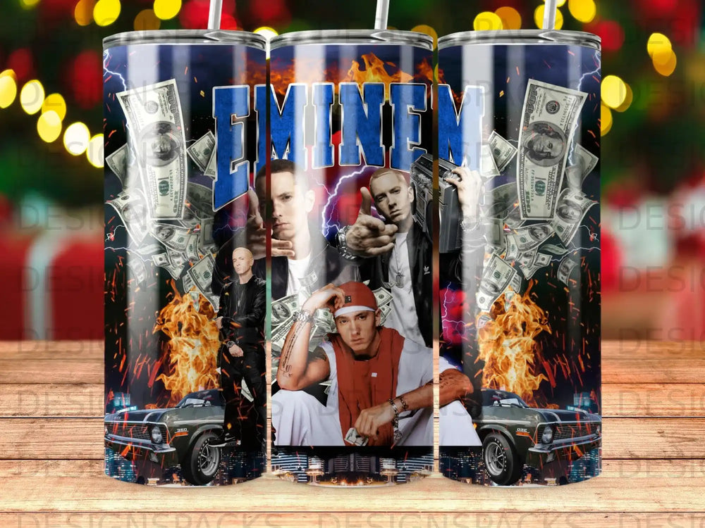 Eminem collage with money, fire, and a car.