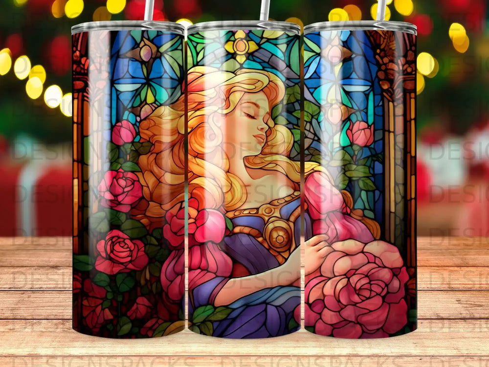 Stained glass illustration of a woman with flowing blonde hair holding a rose.