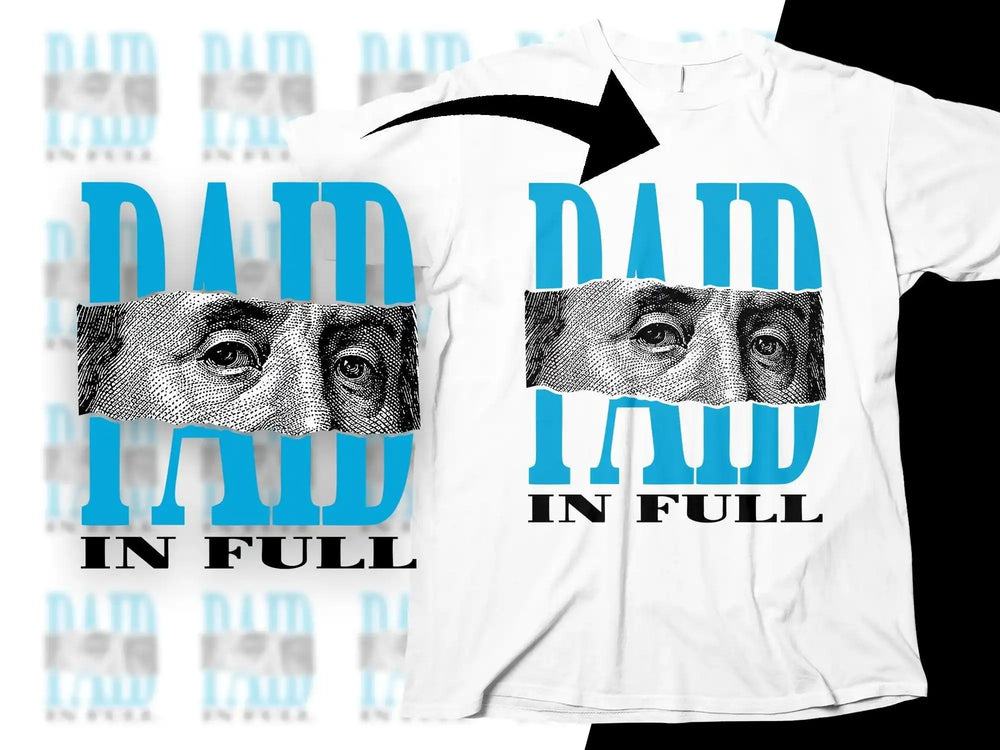 White t-shirt with bold blue 'DAM I AM IN FULL' text and dollar bill eyes graphic design