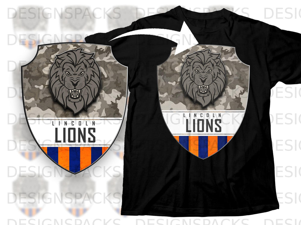 Black t-shirt with a shield logo featuring a lion head and "LINCOLN LIONS" text.