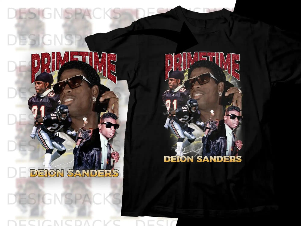 Deion Sanders on a black t-shirt with "PRIMETIME" and football player graphics.