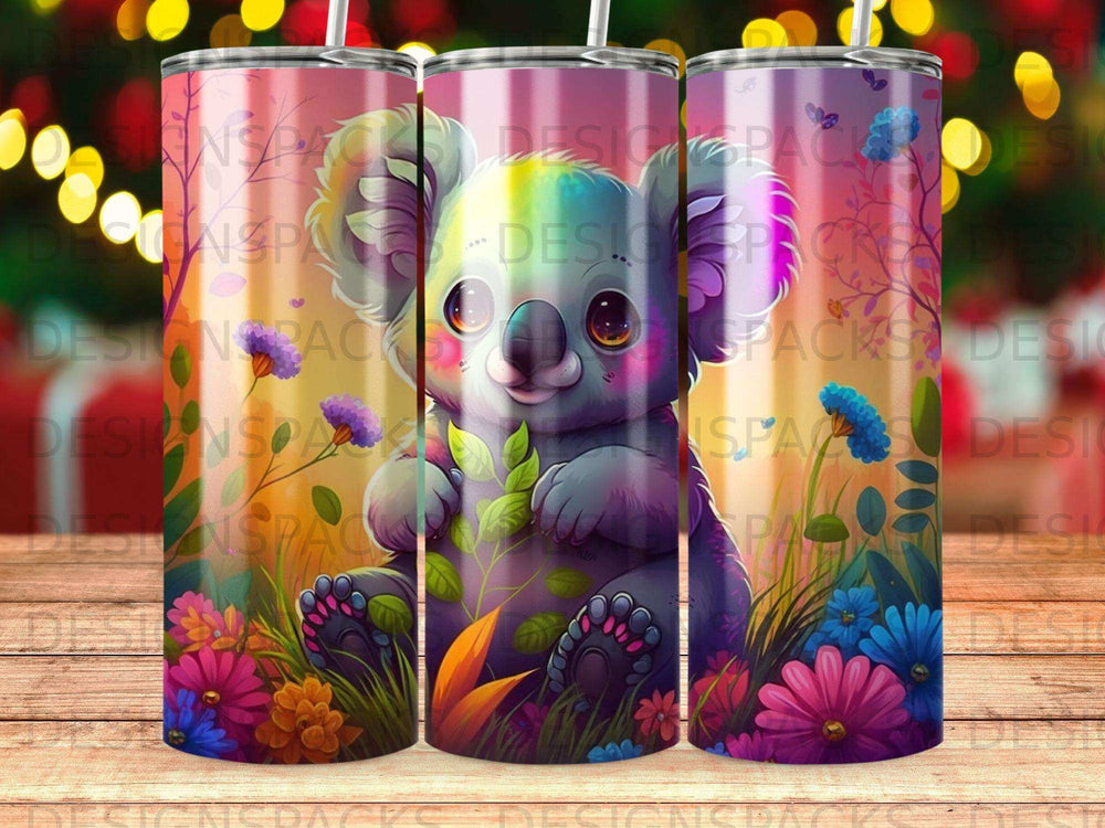 Cute koala with colorful flowers and butterfly decoration.