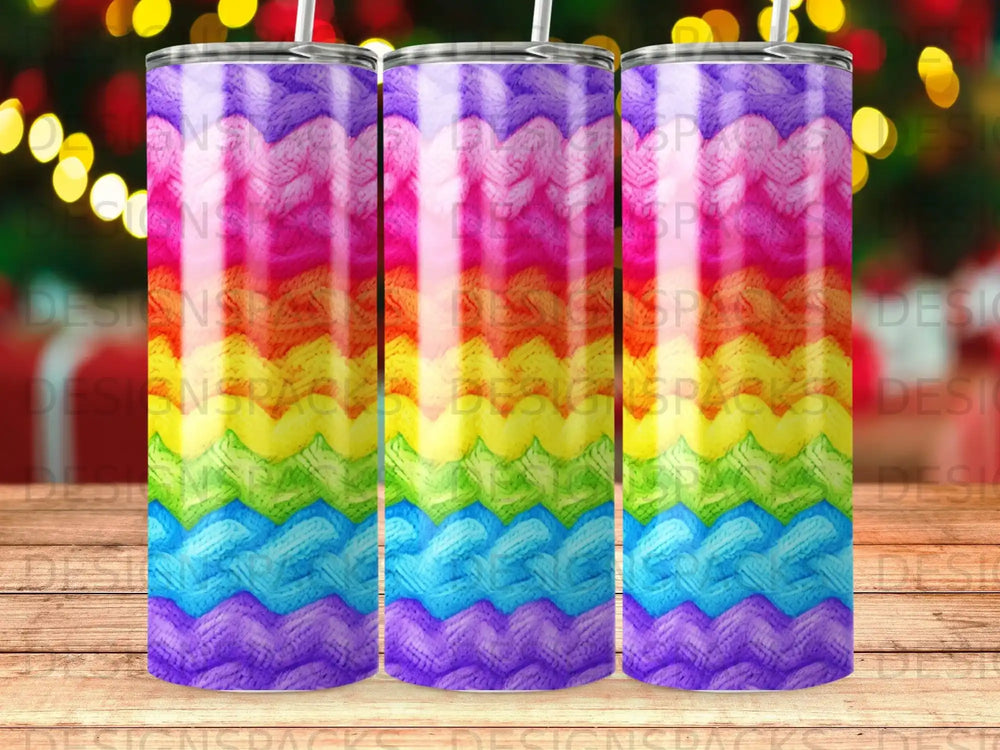 Rainbow knit pattern tumbler with straw.