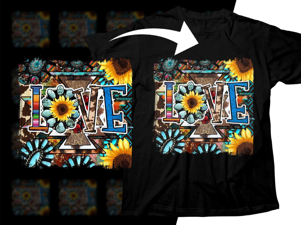 Black t-shirt with 'LOVE' design, sunflowers, turquoise stones, and boho patterns for DTG/DTF printing.