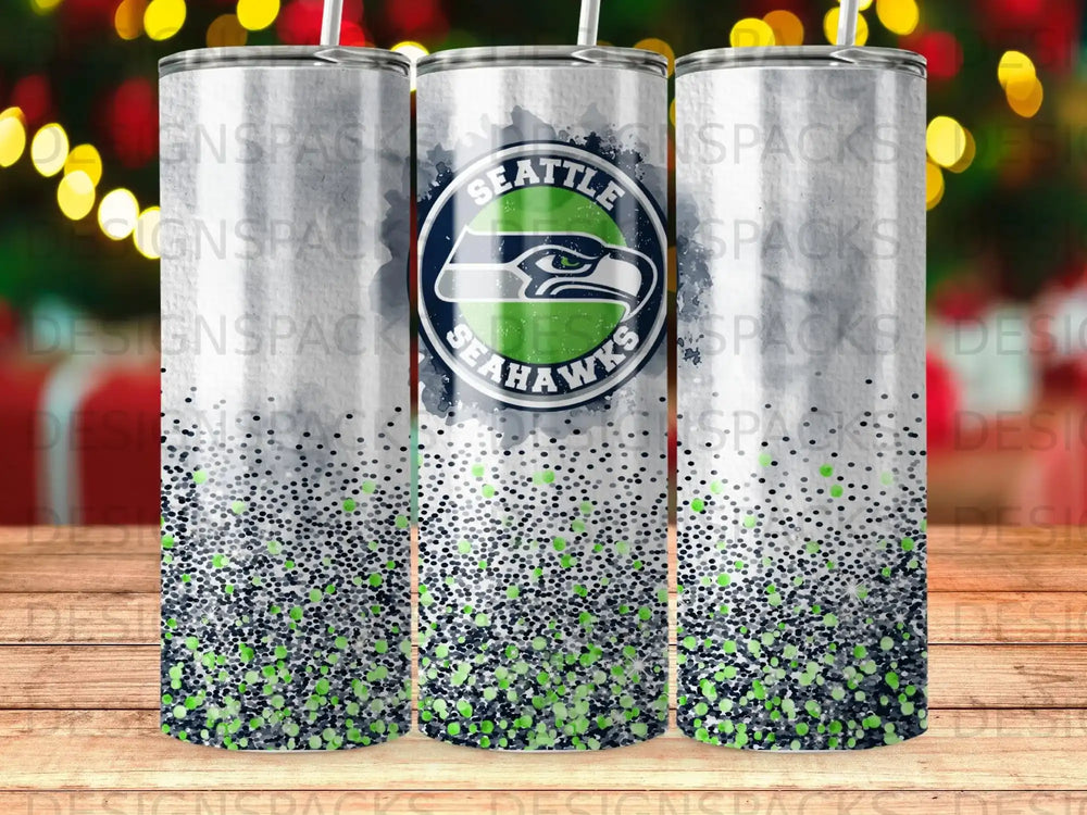 Seattle Seahawks tumbler with glitter design and logo.