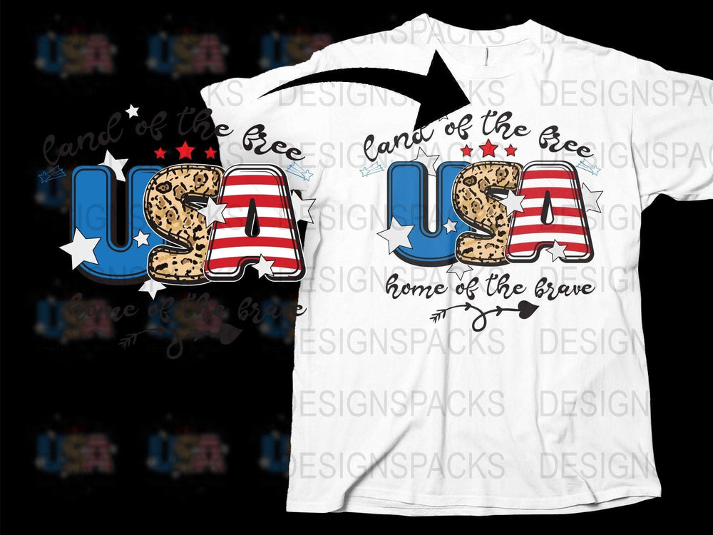 USA Patriotic T-Shirt, Land of the Free, Home of the Brave, Leopard Print Letters, American Flag Design, Unisex Apparel