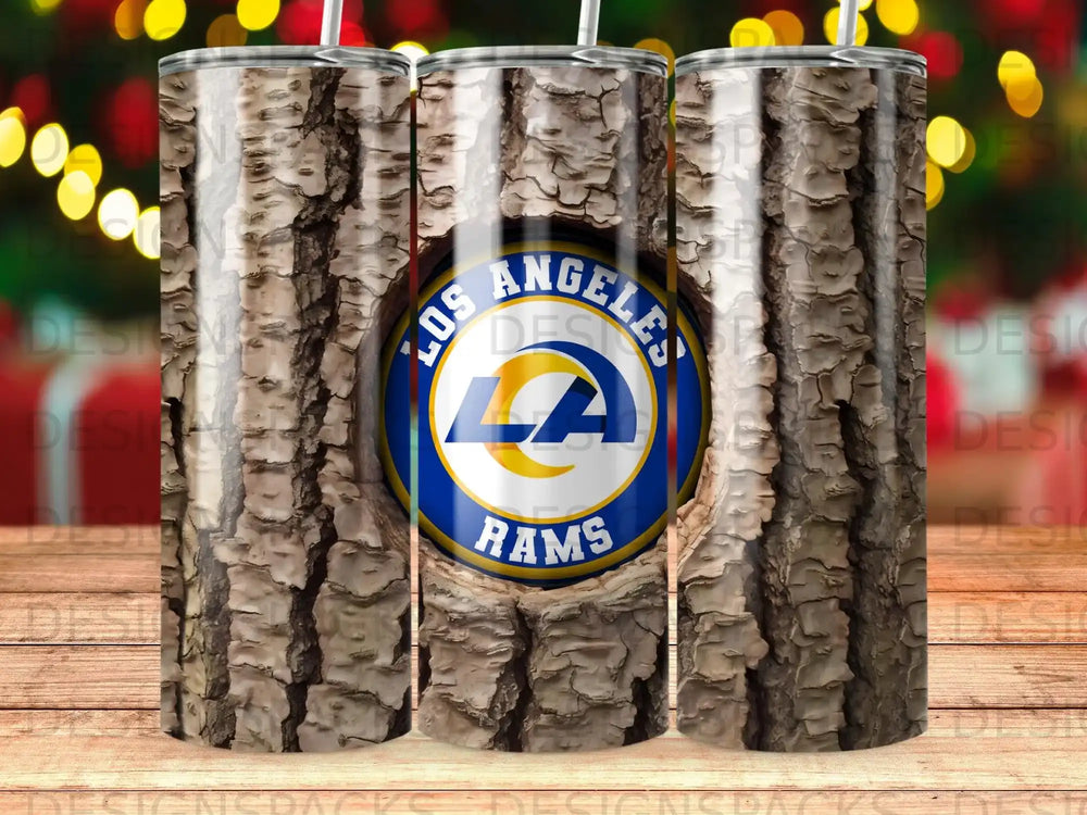 Los Angeles Rams logo on a wood-textured tumbler.