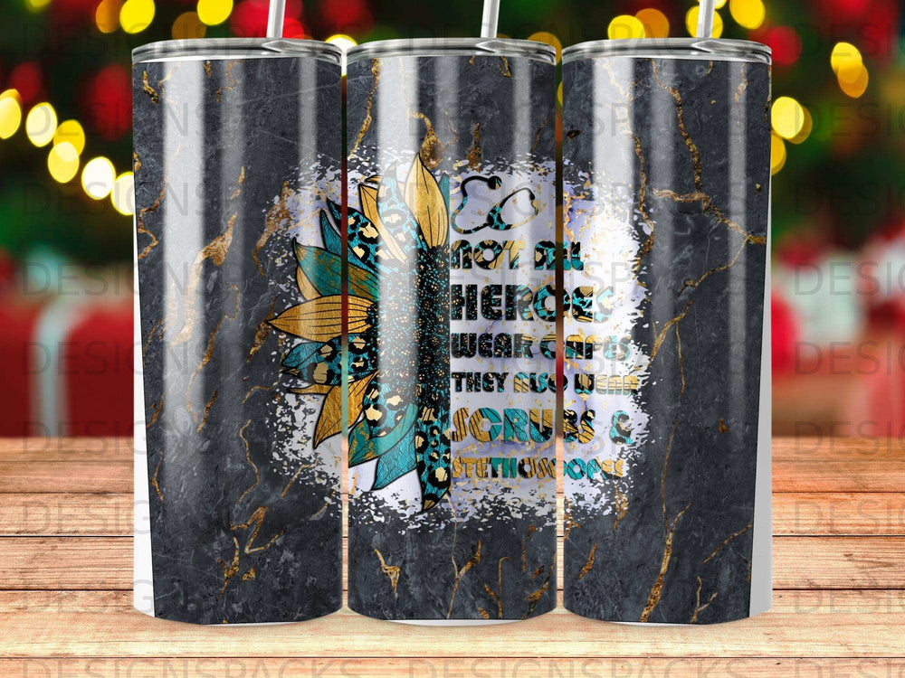 Sunflower and leopard print tumbler with "Heroes Wear Scrubs" text.