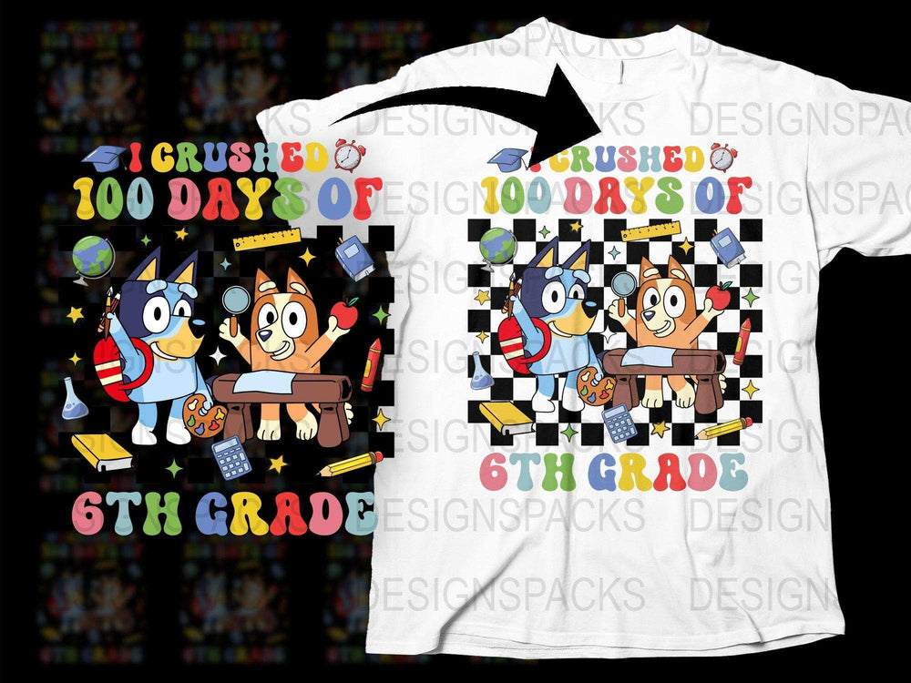 Colorful 6th Grade Celebration T-Shirt, I Crushed 100 Days of School, Cartoon Kids Graphic Tee, Fun Graduation Gift for Students