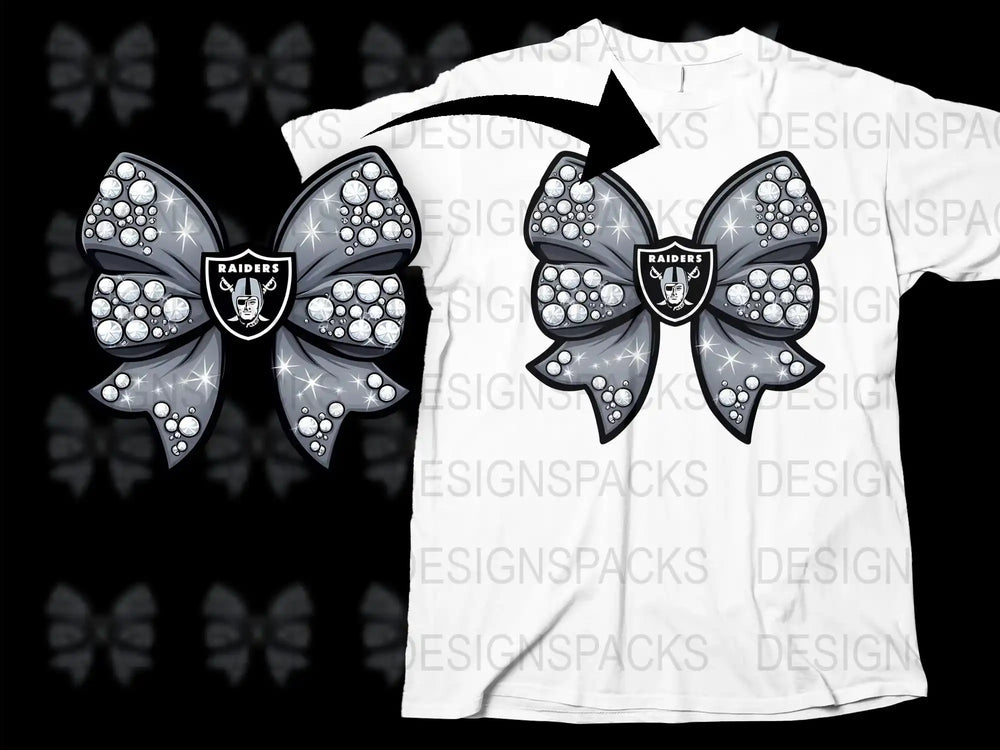 Raiders Themed Butterfly Graphic T-Shirt, Sparkling Crystal Design, Football Fan Apparel
