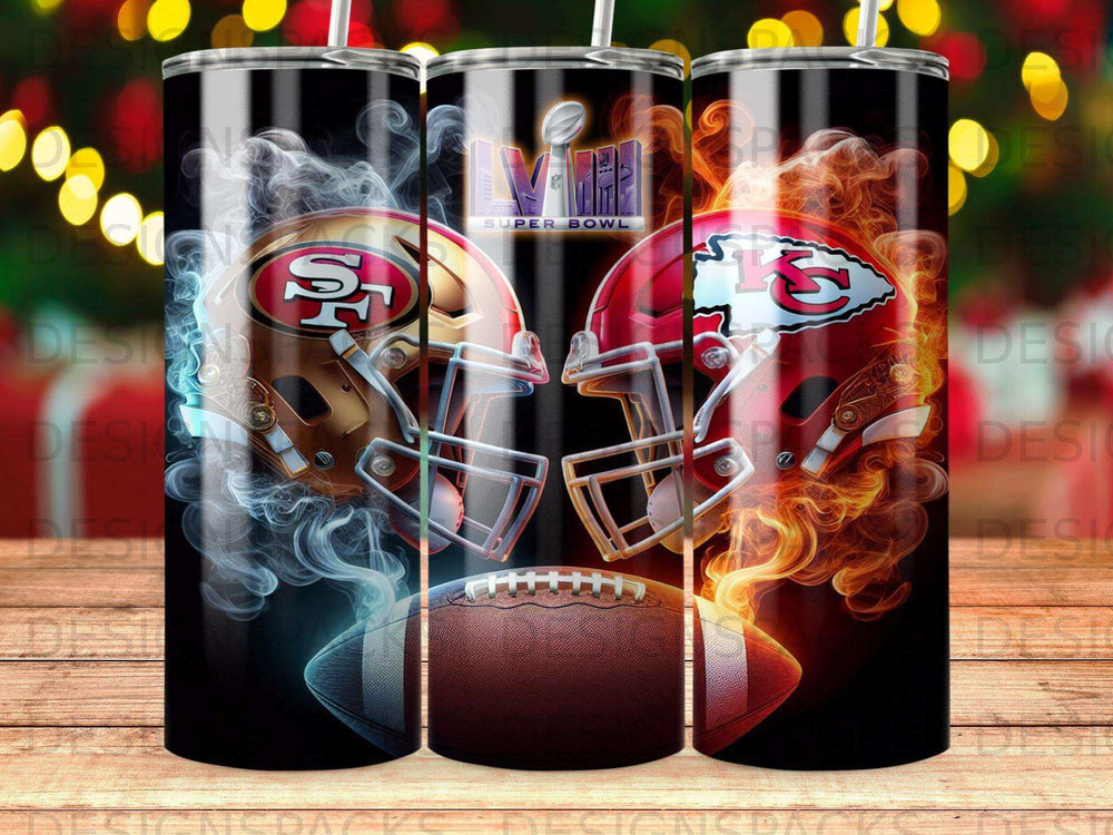 Super Bowl LVII San Francisco 49ers and Kansas City Chiefs helmets with football.