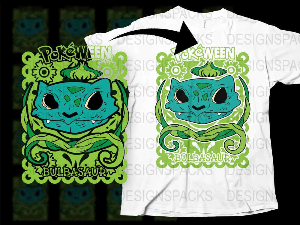 Spooky Halloween Bulbasaur T-Shirt, Cute Pokémon Inspired Graphic Tee, Fun Green Monster Design, Unique Gift