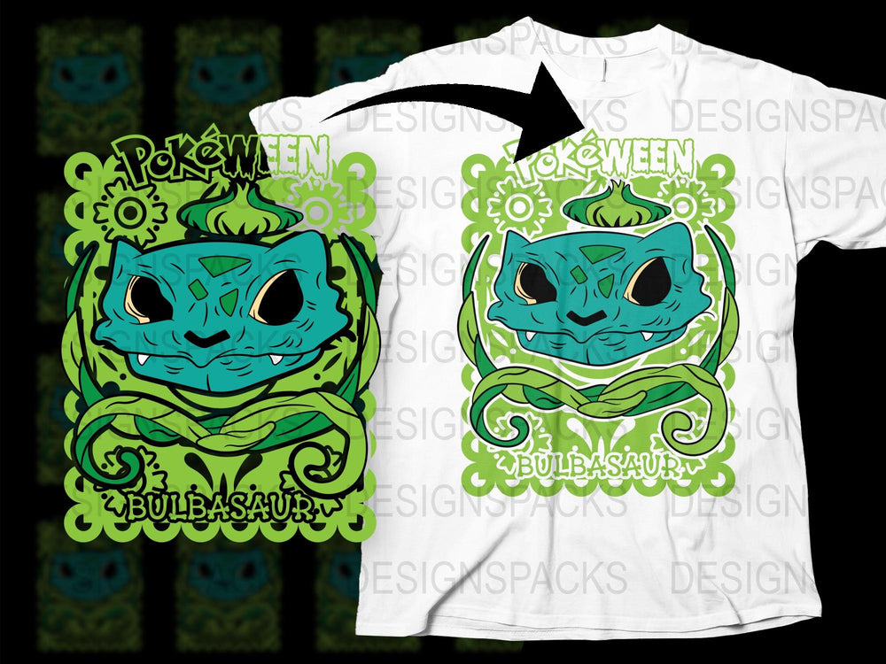 Spooky Halloween Bulbasaur T-Shirt, Cute Pokémon Inspired Graphic Tee, Fun Green Monster Design, Unique Gift