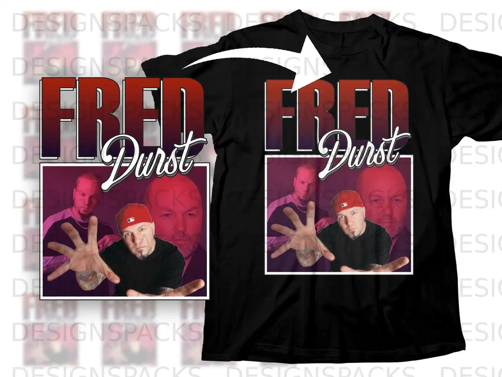 Black t-shirt with red and white "Fred Durst" graphic and artist portrait.