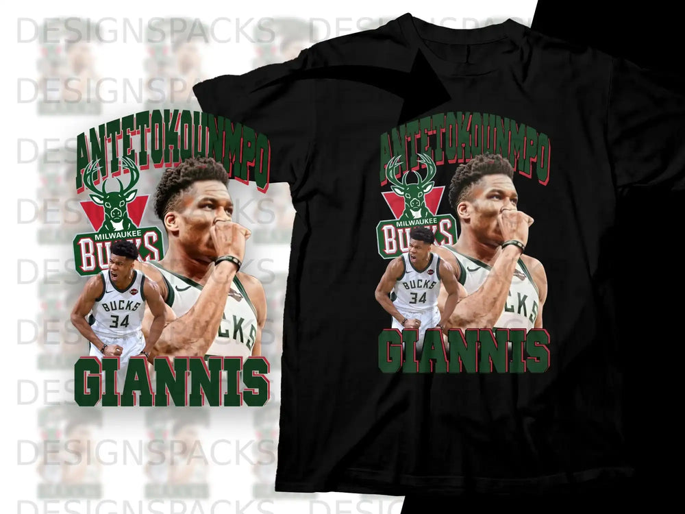 Black t-shirt with Giannis Antetokounmpo graphic and "Milwaukee Bucks 34 Giannis" text.