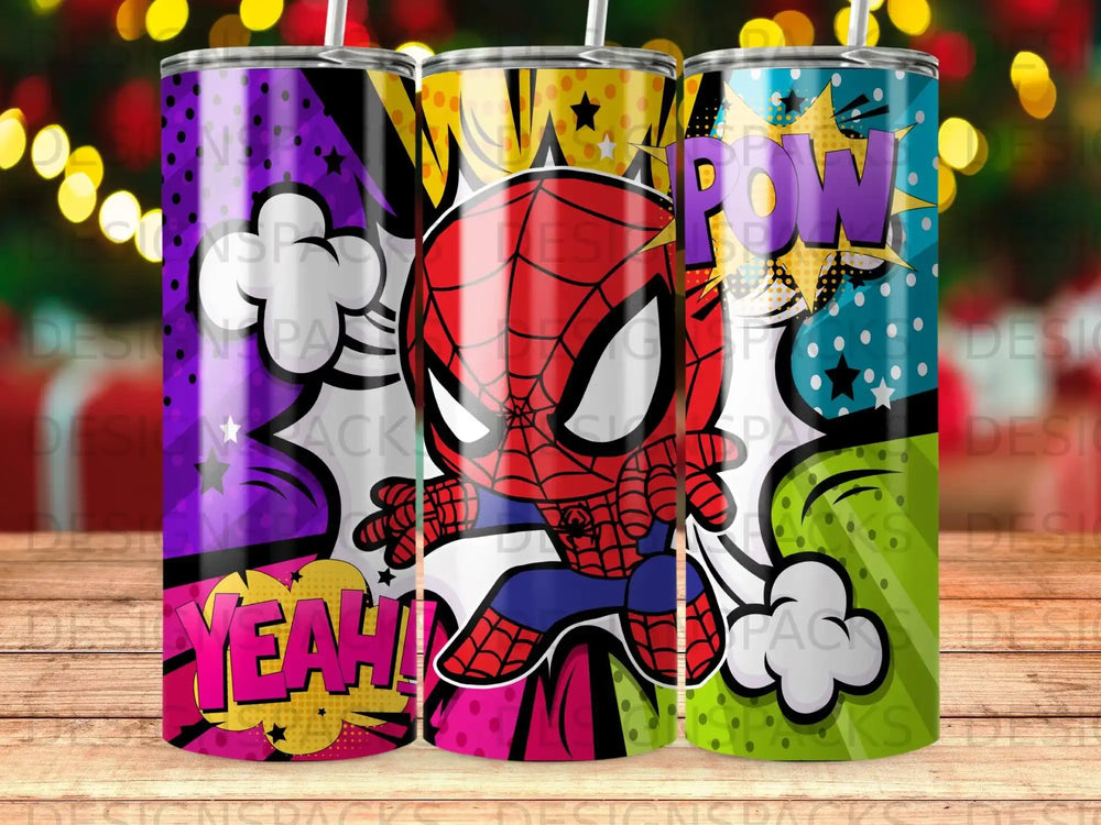 Spider-Man superhero artwork on three tumblers with "POW!" and "YEAH!" text.