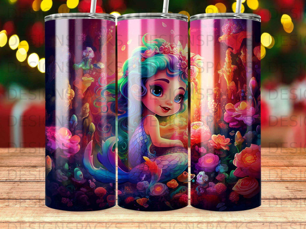 Mermaid with colorful hair and tail surrounded by coral and flowers.