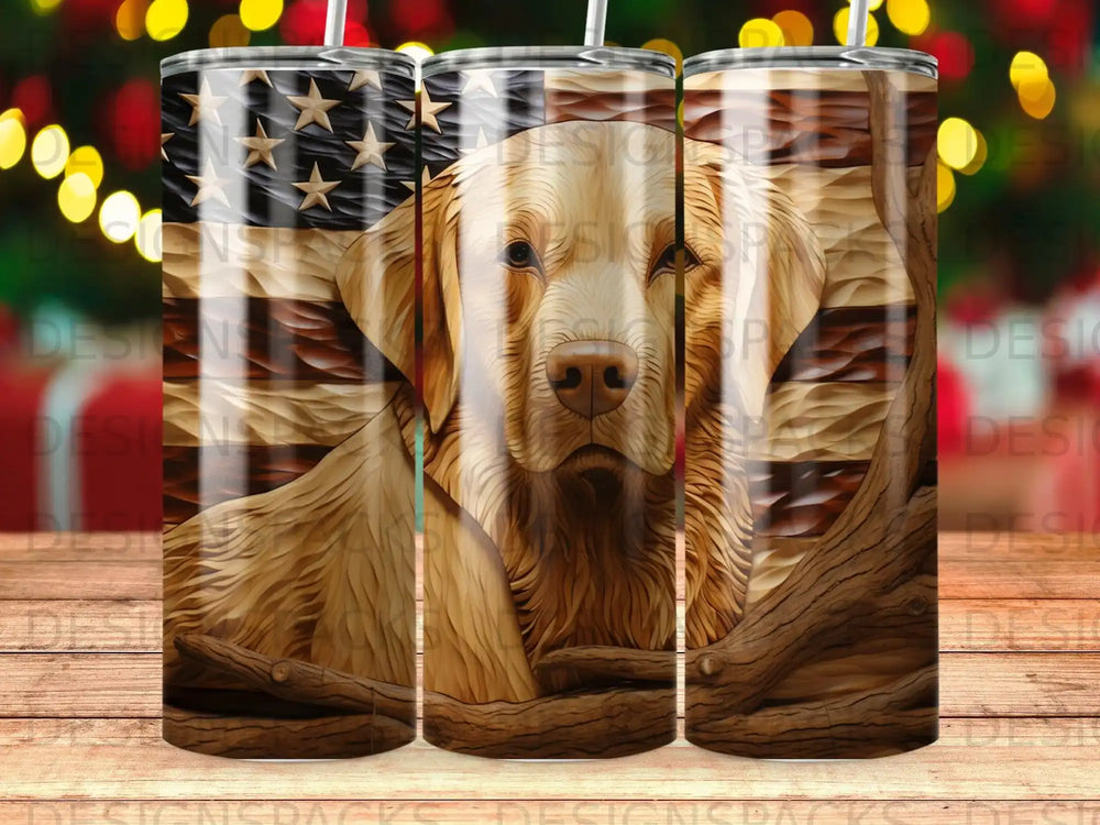 Golden retriever head and American flag carved into wood texture.