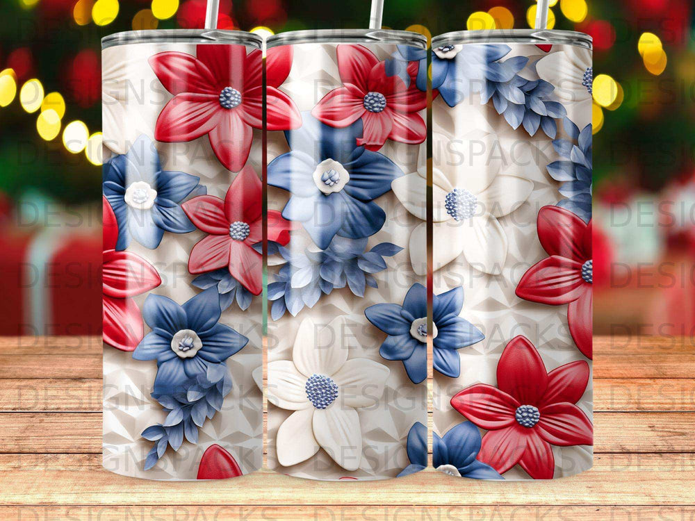 Red, white, and blue floral pattern on a textured tumbler.