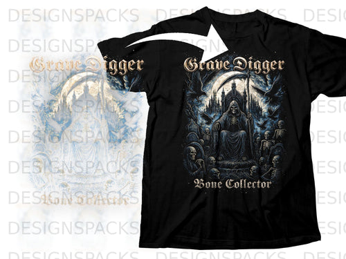 Black t-shirt with Grim Reaper and text 
